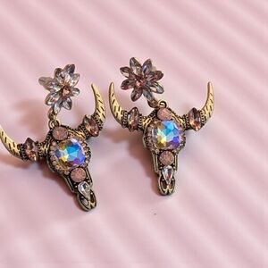 Western Cowgirl Glam Bull Skull Crystal Dangle Earrings